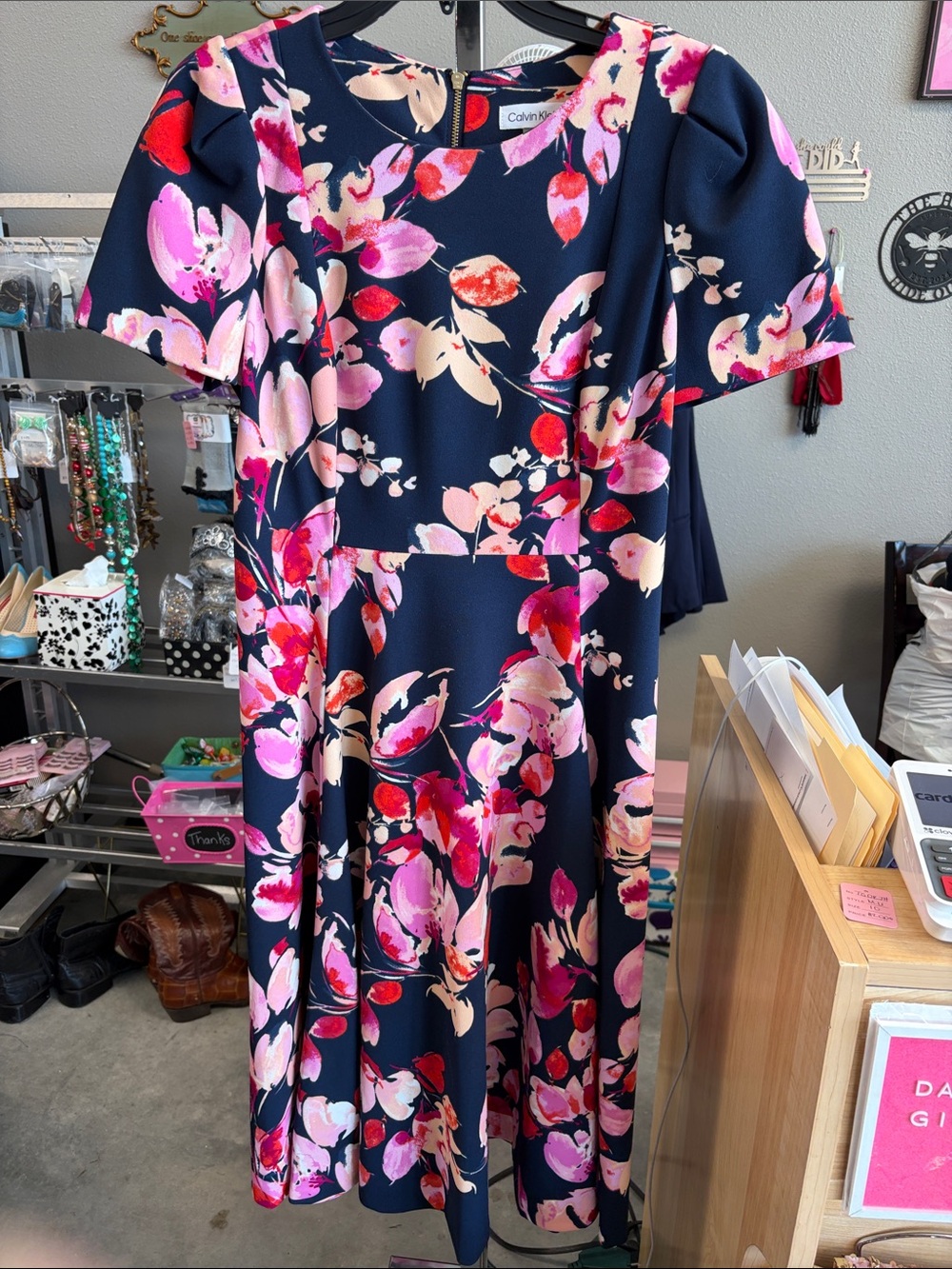 Calvin Klein Navy Dress with Pink and Cream Floral Print TGDKJH